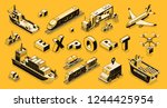 Commercial goods export isometric vector concept with air, road, maritime freight transport line art illustrations. International trade delivery or shipment. Business cargo transportation technologies