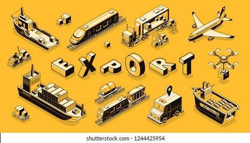 Commercial goods export isometric vector concept with air, road, maritime freight transport line art illustrations. International trade delivery or shipment. Business cargo transportation technologies