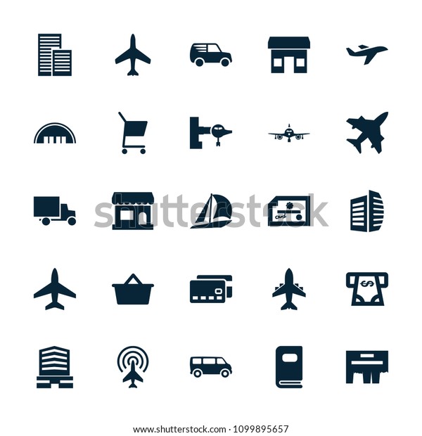 Commercial icon.\
collection of 25 commercial filled icons such as plane, jetway,\
barn, van, atm money withdraw, business center. editable commercial\
icons for web and\
mobile.