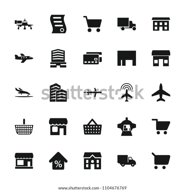 Commercial icon. collection of\
25 commercial filled icons such as plane, store, business center,\
house, shopping cart. editable commercial icons for web and\
mobile.