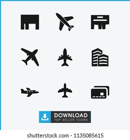 Commercial icon. collection of 9 commercial filled icons such as plane, ad, business center. editable commercial icons for web and mobile.