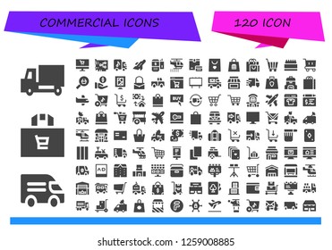  commercial icon set. 120 filled commercial icons. Simple modern icons about  - Delivery truck, Van, Shopping bag, Online shop, Card, Truck, Aeroplane, Payment terminal, Helicopter