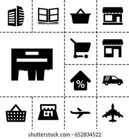 Commercial icon. set of 13 filled commercialicons such as store, business center, delivery car, photo album, shop, mortgage, plane, ad, shopping cart