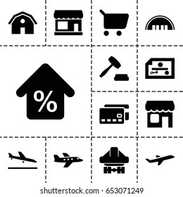 Commercial icon. set of 13 filled commercialicons such as plane landing, store, barn, cargo plane back view, plane, shop, mortgage, auction, shopping cart, credit card