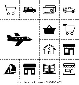 Commercial icon. set of 13 filled and outline commercial icons such as delivery car, store, shopping bag, plane, barn, photo album, shopping cart, sailboat