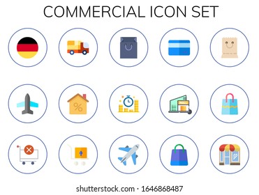 conjunto de iconos comerciales. 15 íconos comerciales planos. Incluidos Alemania, avión, coche, hipoteca, bolsa, tarjeta de crédito, centro comercial, carro, carro, carro, bolsa de compras, íconos de la tienda