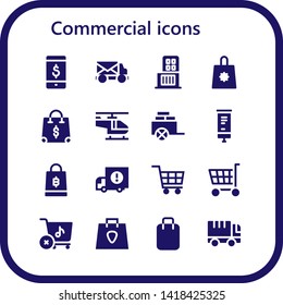 commercial icon set. 16 filled commercial icons.  Simple modern icons about  - Online shop, Mail truck, Shopping center, Shopping bag, Helicopter, Cart, Roll up, Delivery truck
