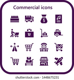 commercial icon set. 16 filled commercial icons.  Simple modern icons about  - Store, Truck, Bag, Poster, Shopping, Shopping bag, Delivery cart, Cart, Plane, Shopping cart, Mall