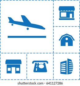 Commercial icon. set of 6 commercial filled icons such as plane landing, store, barn, atm money withdraw