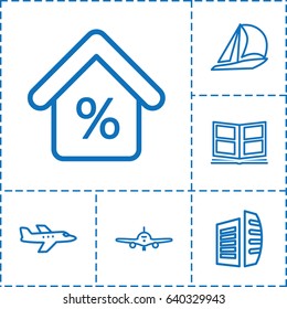 Commercial icon. set of 6 commercial outline icons such as plane, business center, photo album, mortgage