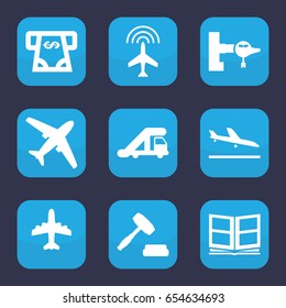 Commercial icon. set of 9 filled commercial icons such as plane, plane landing, truck crane, jetway, atm money withdraw, photo album