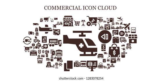  commercial icon set. 93 filled commercial icons. Simple modern icons about  - Helicopter, Shopping cart, Shop, Stand, Store, Bus stop, Billboard, Shopping bag, Cards, Truck, Cheque