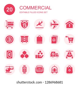 commercial icon set. Collection of 20 filled commercial icons included Shopping cart, Signboard, Landing, Airplane, Real estate, Baht, Cart, Shopping bag, Cards, Card, Benzene