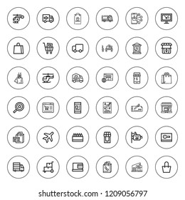 Commercial icon set. collection of 36 outline commercial icons with bag, card, cheque, display, delivery truck, helicopter, mall, online shop icons. editable icons.