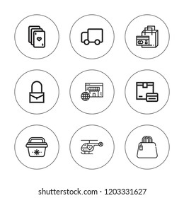 Commercial icon set. collection of 9 outline commercial icons with bag, cards, delivery truck, helicopter, payment, online shopping, portable fridge icons. editable icons.