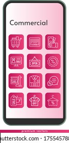 commercial icon set. included online shop, shopping bag, sale, shirt, money, towel, chat, shopping cart, discount, barcode, open icons on phone design background . linear styles.