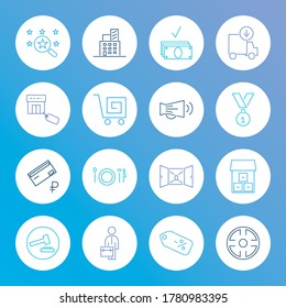 Juego de iconos comerciales y pago con factura, construcción y promoción. Vector de iconos comerciales relacionados con la búsqueda para el diseño del logotipo de la interfaz de usuario web.
