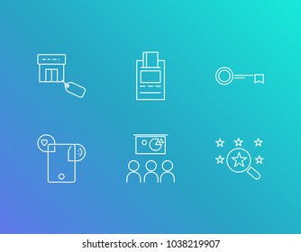 Commercial icon set and pos terminal with shop, key and social. Latchkey related commercial icon vector items for web UI logo design.