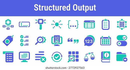 Commercial icon set for schemas fields validation parsing and export formatting Suitable for AI form builders structured responses data products automation tools and developer dashboards