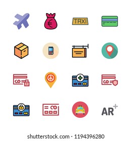 commercial icon set. vector set about augmented reality, placeholder, money bag and warehouse icons set.