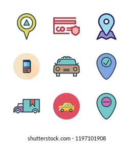 commercial icon set. vector set about cargo truck, credit card, taxi and placeholder icons set.