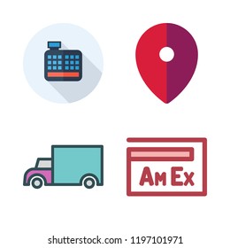 commercial icon set. vector set about cargo truck, cashier, placeholder and american express icons set.