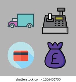 commercial icon set. vector set about debit card, money bag, cargo truck and cash register icons set.