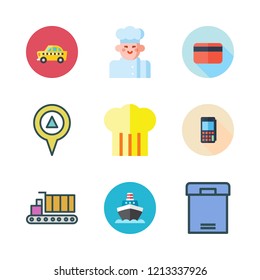 commercial icon set. vector set about cargo truck, ship, taxi and chef icons set.