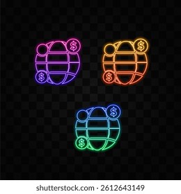 Commercial icon vector globe dollar sign money currency. neon style. symbol for a business network in a pictogram.