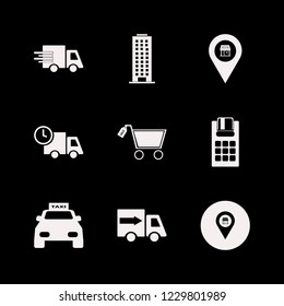 commercial icon. commercial vector icons set store location, fast delivery truck, office building and pos terminal