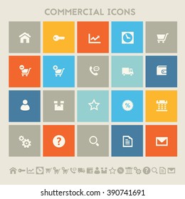 Commercial icons. Multicolored square flat buttons