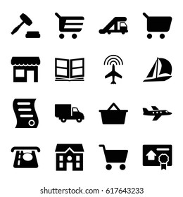 Commercial icons set. set of 16 commercial filled icons such as plane, truck crane, ATM money withdraw, house, delivery car, photo album, auction, bill of house sell