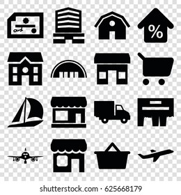 Commercial icons set. set of 16 commercial filled icons such as store, plane, barn, business center, house, delivery car, shop, mortgage, ad, shopping bag, sailboat