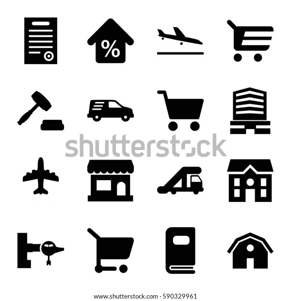 commercial icons set. Set of\
16 commercial filled icons such as plane landing, truck crane,\
jetway, barn, business center, plane, house, delivery car, photo\
album, mortgage