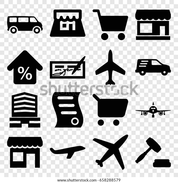 Commercial icons set. set of\
16 commercial filled icons such as plane, store, van, business\
center, delivery car, shop, mortgage, auction, bill of house sell,\
shopping cart