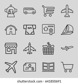 Commercial icons set. set of 16 commercial outline icons such as barn, van, atm money withdraw, plane, luggage compartment in airplane, photo album, shop, bill of house sell