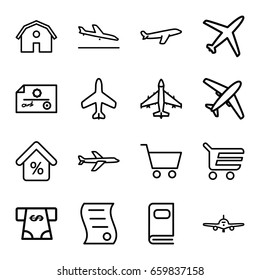 Commercial icons set. set of 16 commercial outline icons such as plane, plane landing, barn, atm money withdraw, photo album, mortgage, bill of house sell, shopping cart