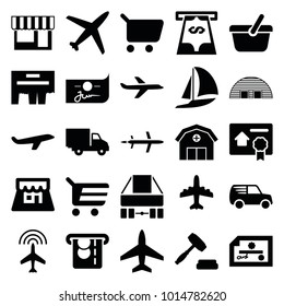 Commercial icons. set of 25 editable filled commercial icons such as plane, shopping cart, check, delivery car, ad, shop, auction, bill of house sell, barn, atm money withdraw