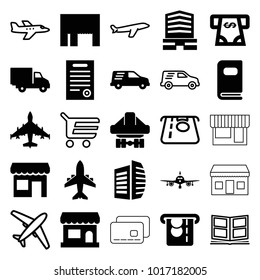 Commercial icons. set of 25 editable filled and outline commercial icons such as plane, atm money withdraw, business center, cargo plane back view, delivery car, store