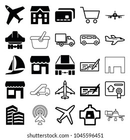 Commercial icons. set of 25 editable filled and outline commercial icons such as plane, house, check, cargo plane back view, shop, store, van, delivery car, bill of house sell