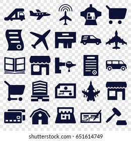 Commercial icons set. set of 25 commercial filled icons such as plane, truck crane, jetway, barn, van, business center, delivery car, luggage compartment in airplane