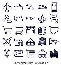 Commercial icons set. set of 25 commercial outline icons such as plane, store, jetway, atm money withdraw, van, business center, cargo plane back view, delivery car