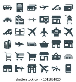 Commercial icons. set of 36 editable filled commercial icons such as store, truck crane, jetway, barn, van, business center, house, shopping cart, plane, credit card