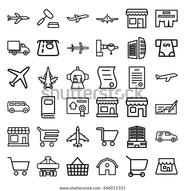 Commercial icons set.\
set of 36 commercial outline icons such as store, jetway, plane,\
barn, atm money withdraw, van, business center, cargo plane back\
view, delivery car