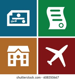 Commercial icons set. set of 4 commercial filled icons such as house, bill of house sell, plane