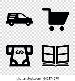 Commercial icons set. set of 4 commercial filled icons such as atm money withdraw, delivery car, photo album