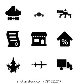 Commercial icons. set of 9 editable filled commercial icons such as cargo plane back view, store, mortgage, bill of house sell, plane, jetway