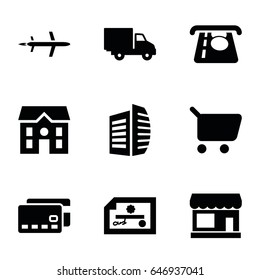 Commercial icons set. set of 9 commercial filled icons such as store, atm money withdraw, business center, house, delivery car, plane, shopping cart, credit card