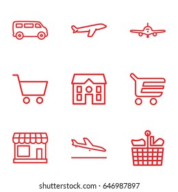 Commercial icons set. set of 9 commercial outline icons such as plane landing, store, plane, van, house, shopping cart
