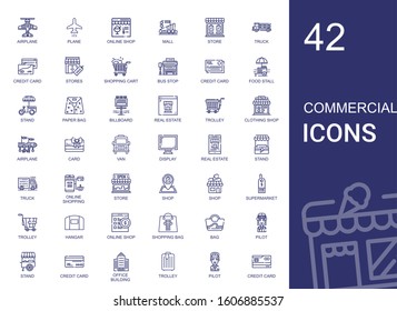 commercial icons set. Collection of commercial with airplane, plane, online shop, mall, store, truck, credit card, stores, shopping cart. Editable and scalable commercial icons.